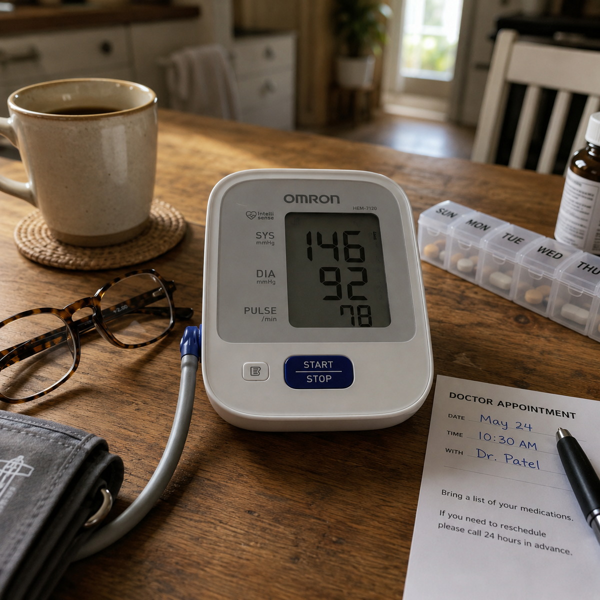 Adult over 50 checking blood pressure and thinking about beetroot support
