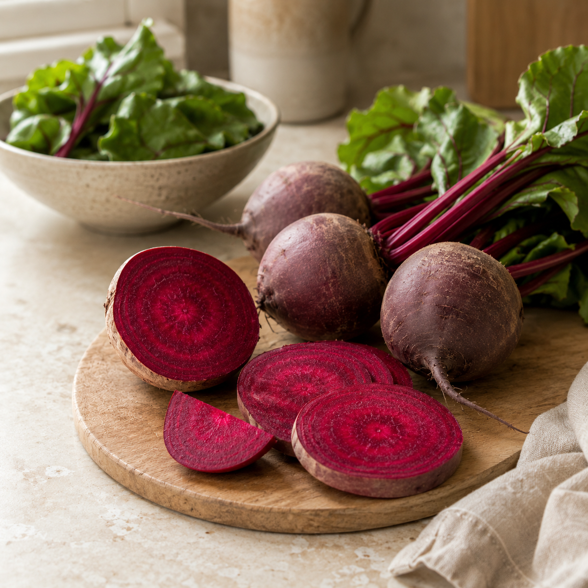 Fresh beetroot and leafy greens on a kitchen counter